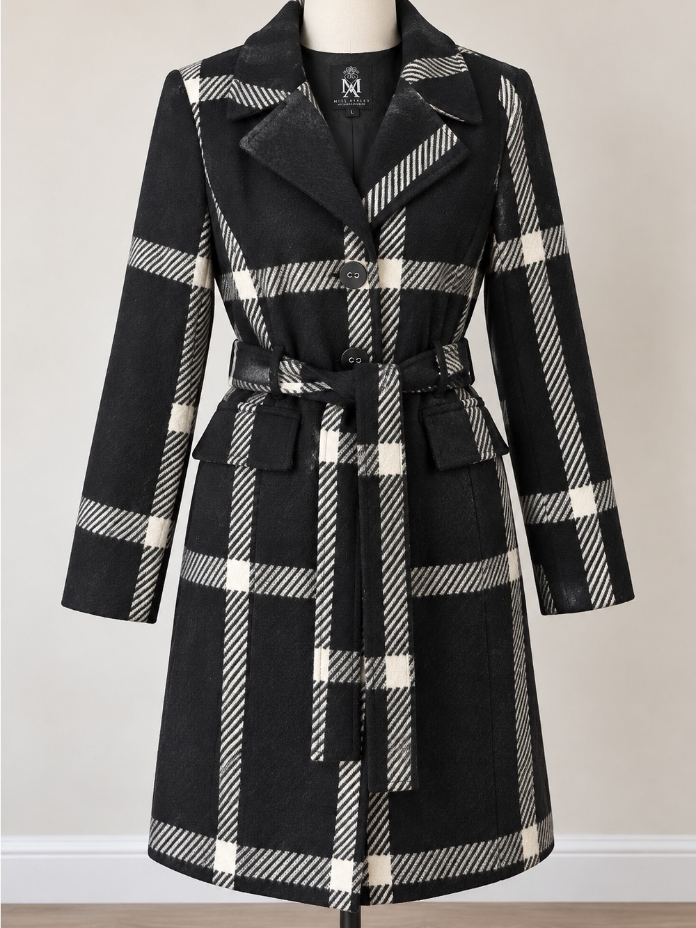 Miss Ashley Black White Plaid Wool Blend Belted Coat Size L